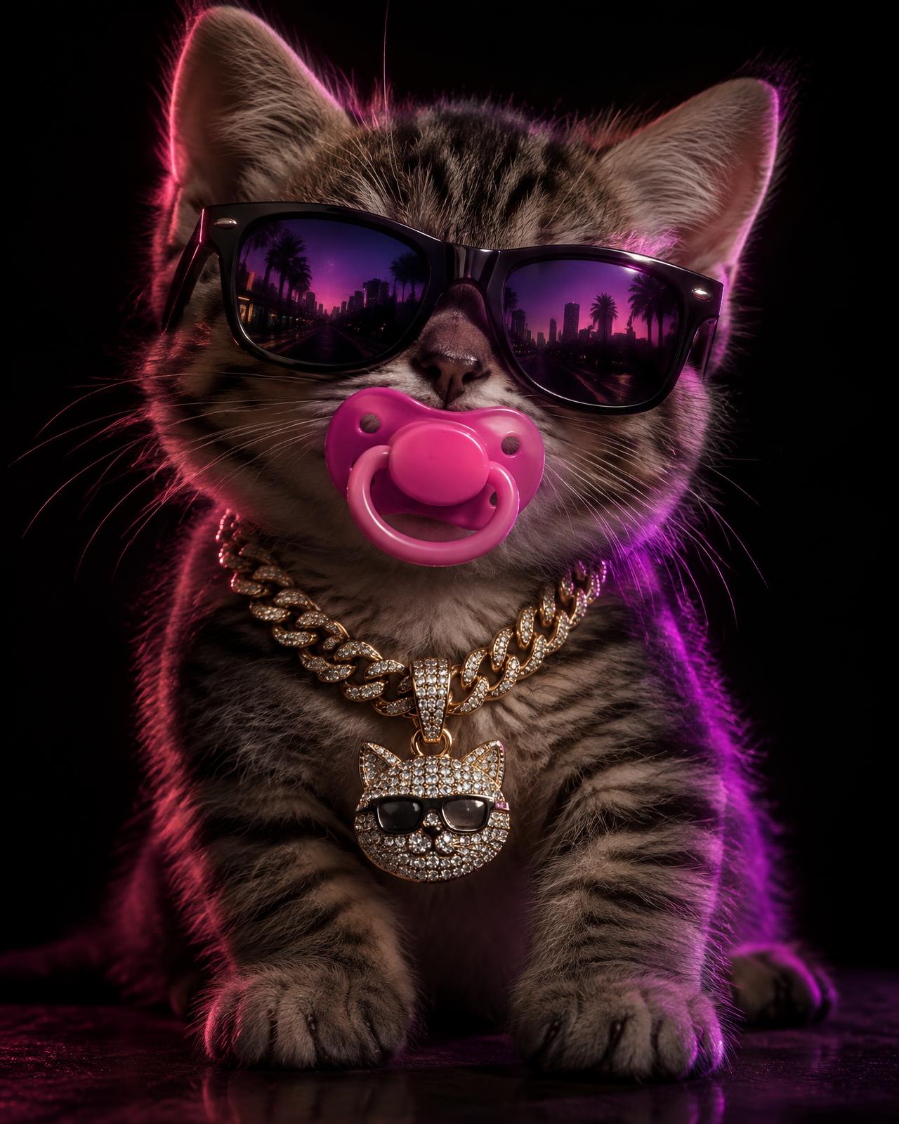 BABYGATO — a tabby kitten in reflective sunglasses, pink pacifier and iced-out chain